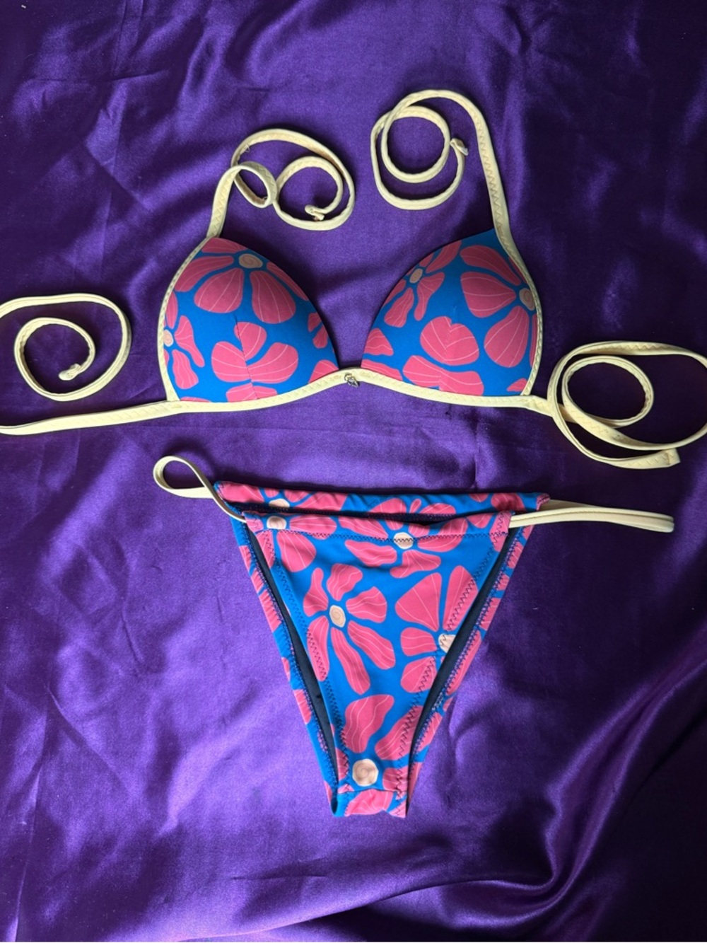 Blue & Pink Floral Triangle Bikini Set with Cream Trim